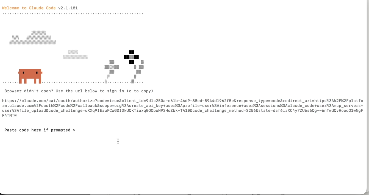 Browser didn't open? Use the url below to sign in と長い URL が表示された画面
