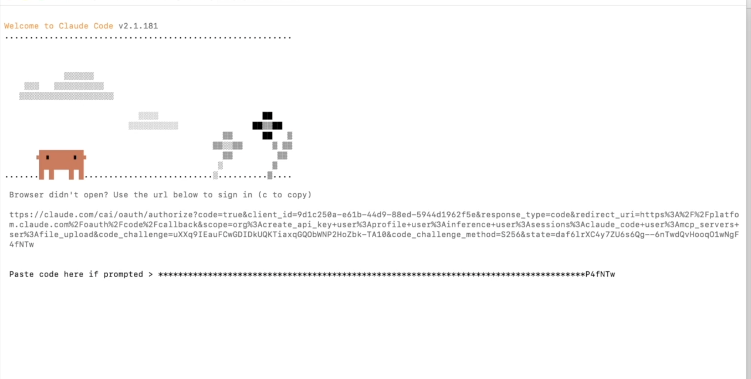 Paste code here if prompted の右にコードが貼り付いた状態